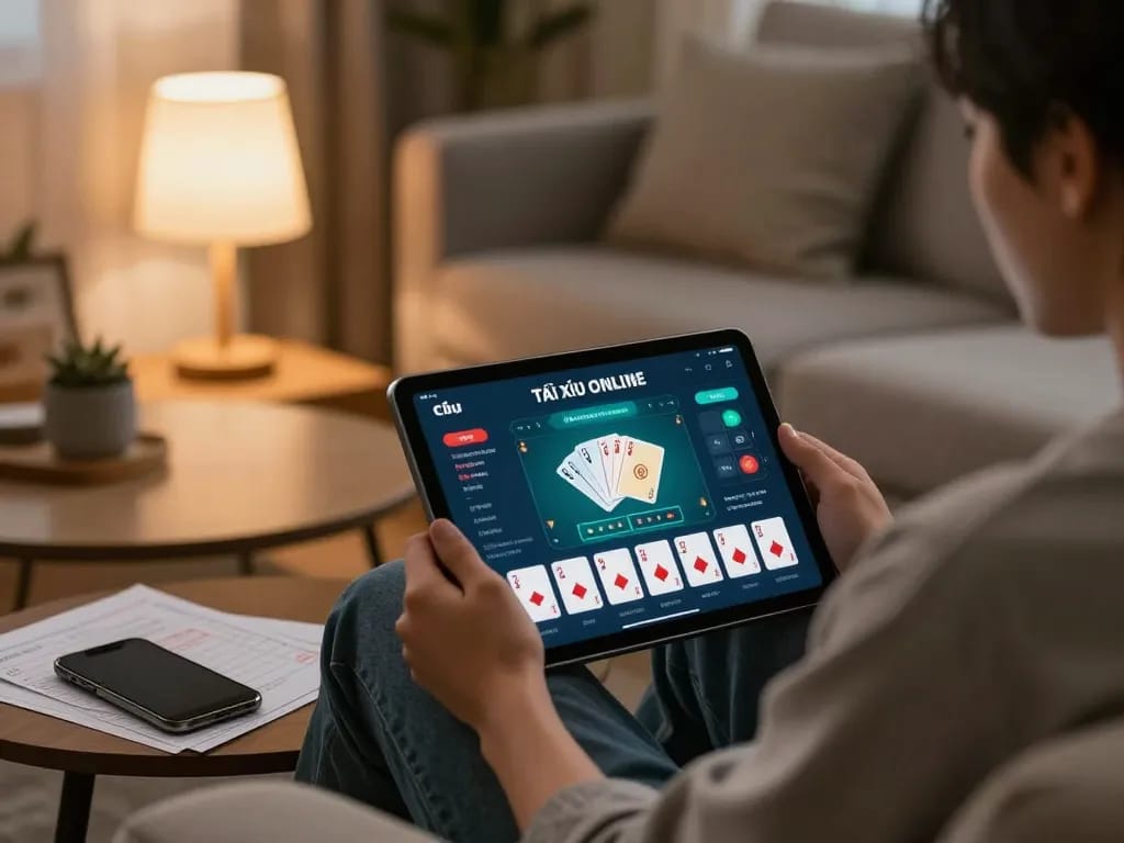 Engaging with the app tài xỉu online while analyzing betting strategies on a cozy couch.