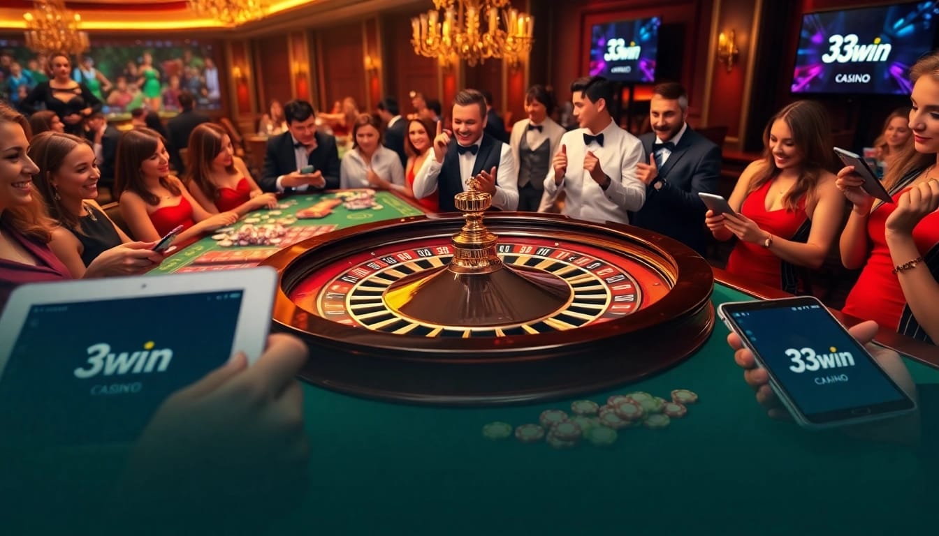 Players placing bets at a luxurious 33win casino roulette table with chips in action.