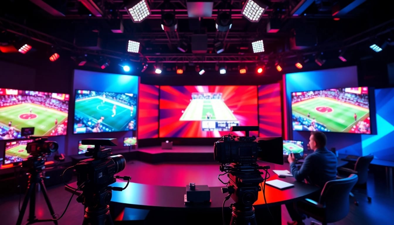 Engaging scene of Sports Broadcasting studio with active analysts and vibrant displays.