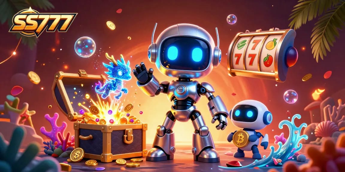 Engage with SS777's immersive 3D casino experience featuring vibrant characters and gaming elements.