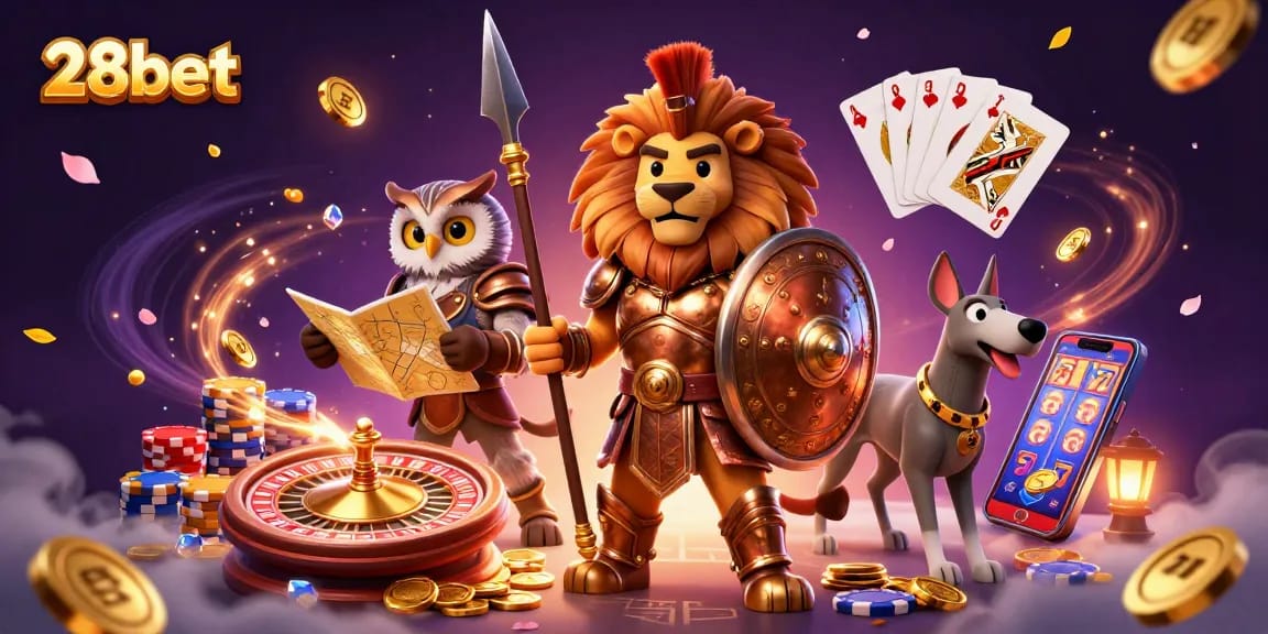 Experience thrilling gameplay with 28bet, a vibrant 3D illustration featuring a Spartan lion, owl strategist, and greyhound messenger amidst casino elements.