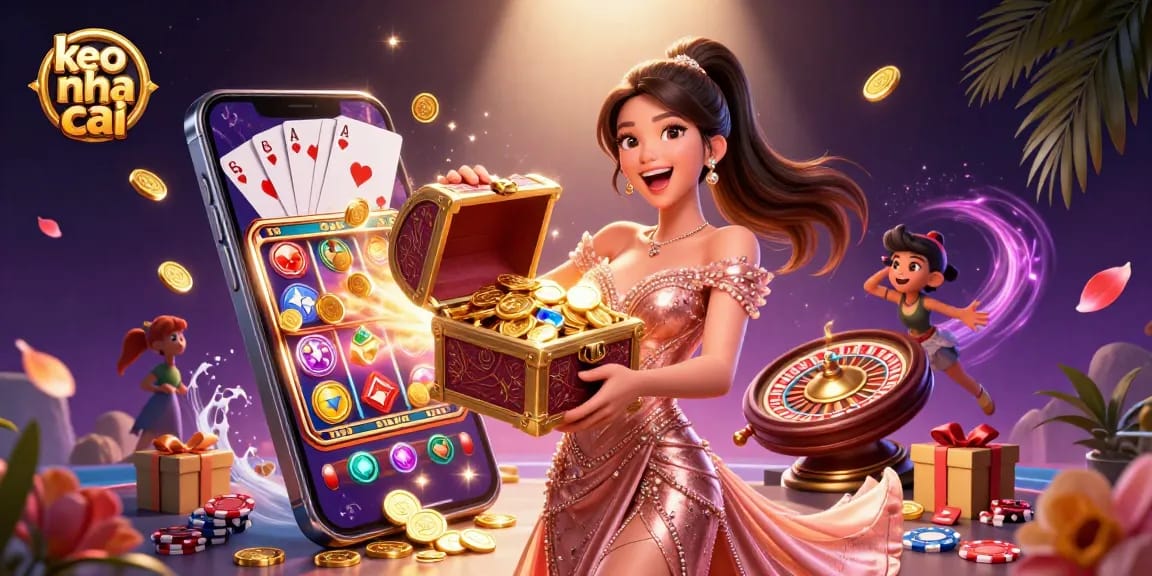 Engage with keo nha cai as an Asian woman presents a treasure chest of golden coins in an exciting casino scene.