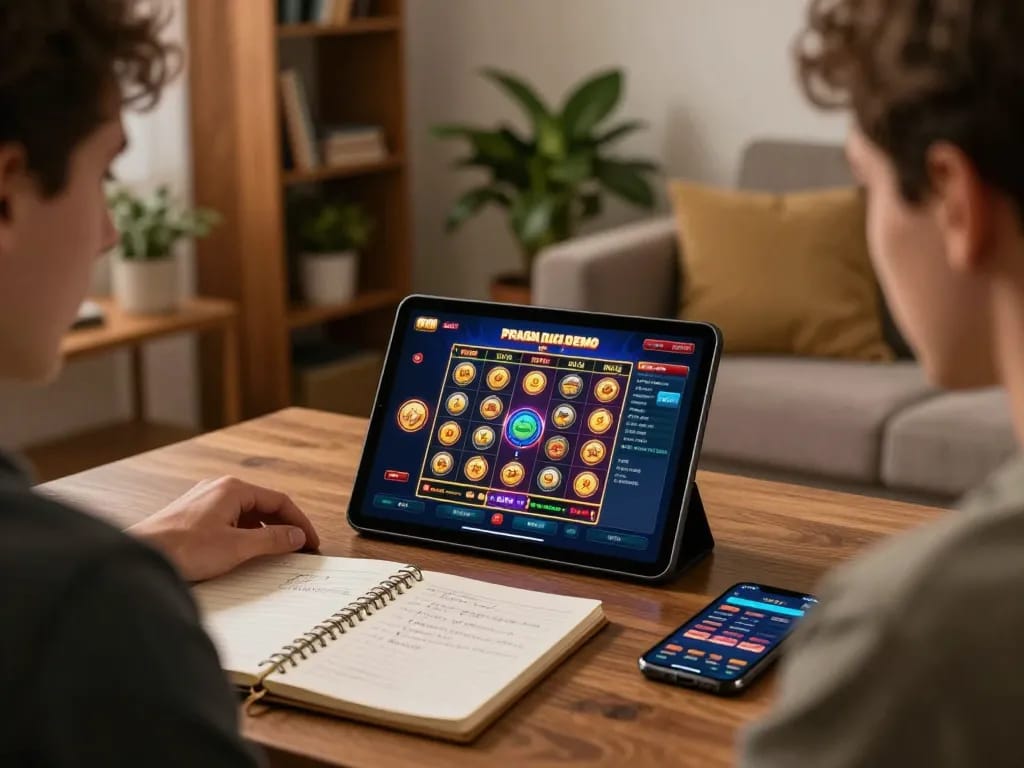 Engaging scene of a player enjoying a Pragmatic Demo slot game on a tablet, emphasizing responsible gaming and strategy.