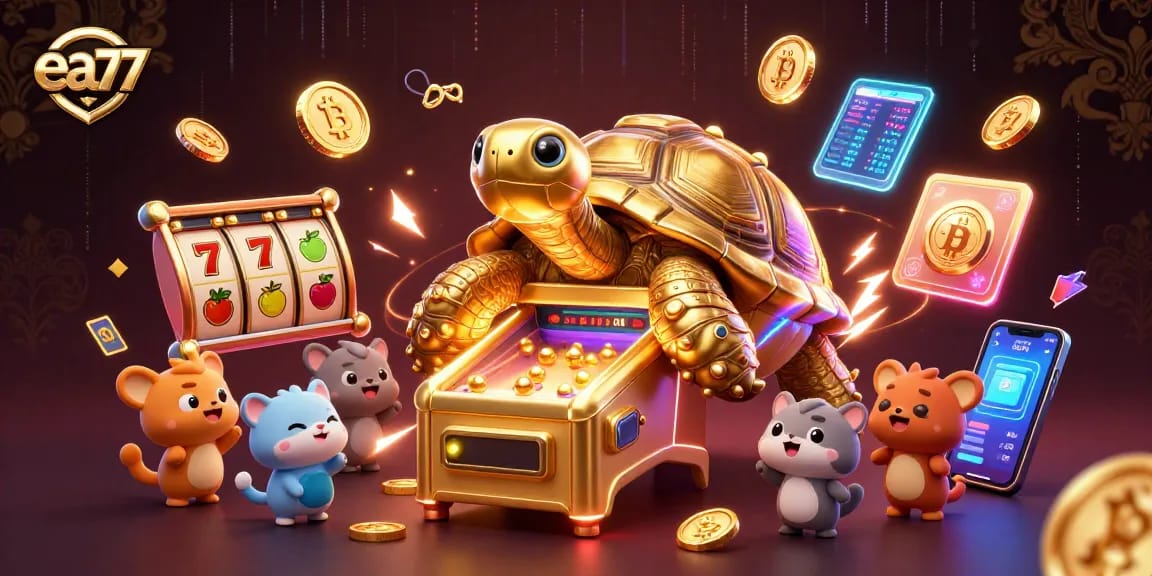 Win big with ea77 at vibrant online casino games featuring a colossal golden tortoise and colorful elements.