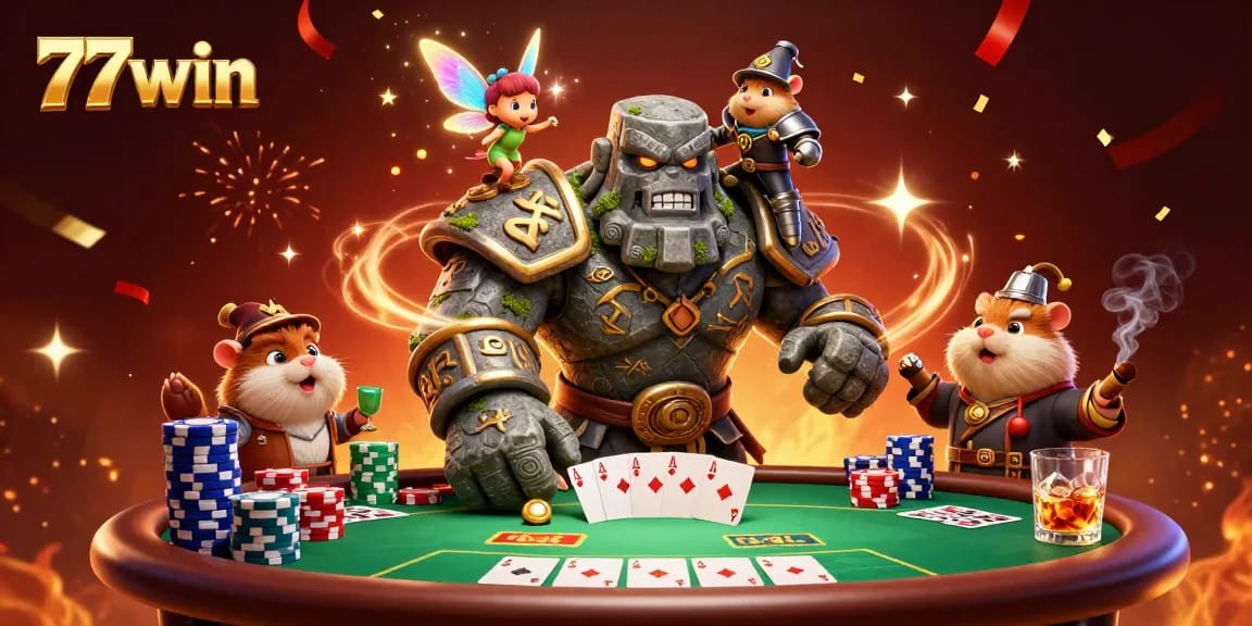 Join the excitement of 77win's casino games with a lively poker scene featuring magical characters.