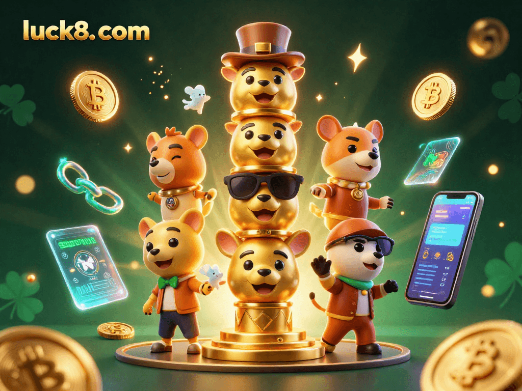 Engage in thrilling gaming at luck8. com with vibrant 3D illustrations emphasizing casino excitement and modern tech.