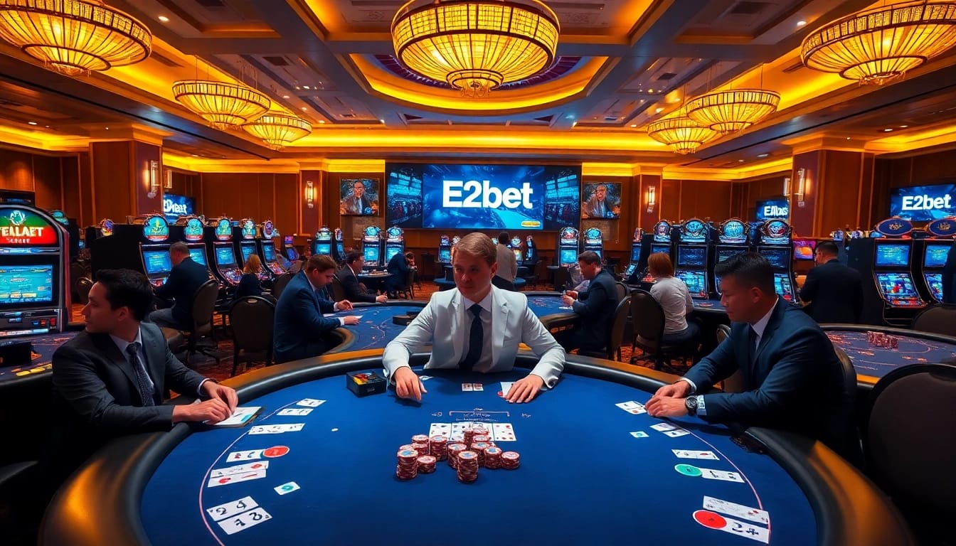 E2bet players engaging in high-stakes poker and slot games amidst a luxurious casino atmosphere.