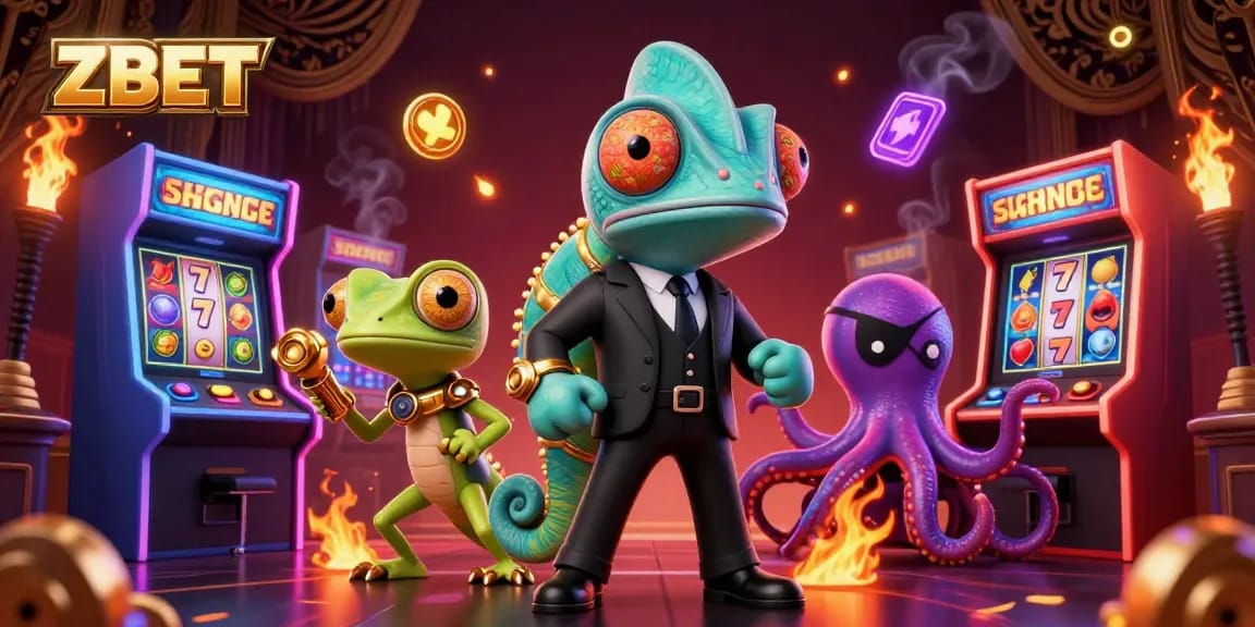 ZBET showcases a thrilling 3D casino illustration with dynamic characters and vibrant gaming elements.
