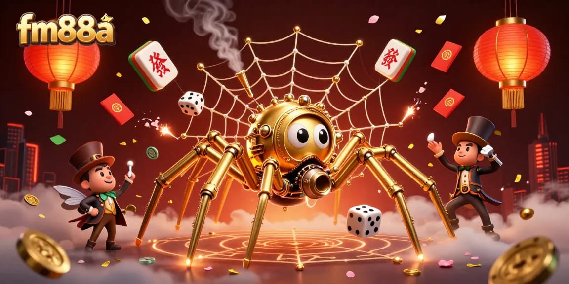 Win at fm88a with the mesmerizing steampunk spider catching dice and vibrant casino elements.
