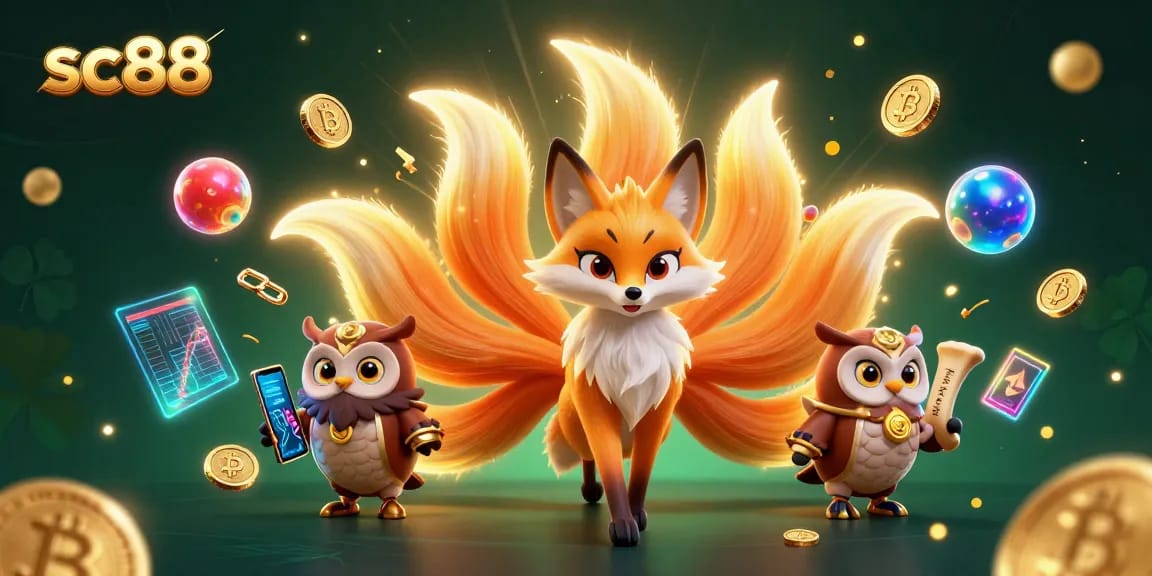 Join the thrilling action at SC88 with a glowing nine-tailed fox and wise owl amidst vibrant casino elements.