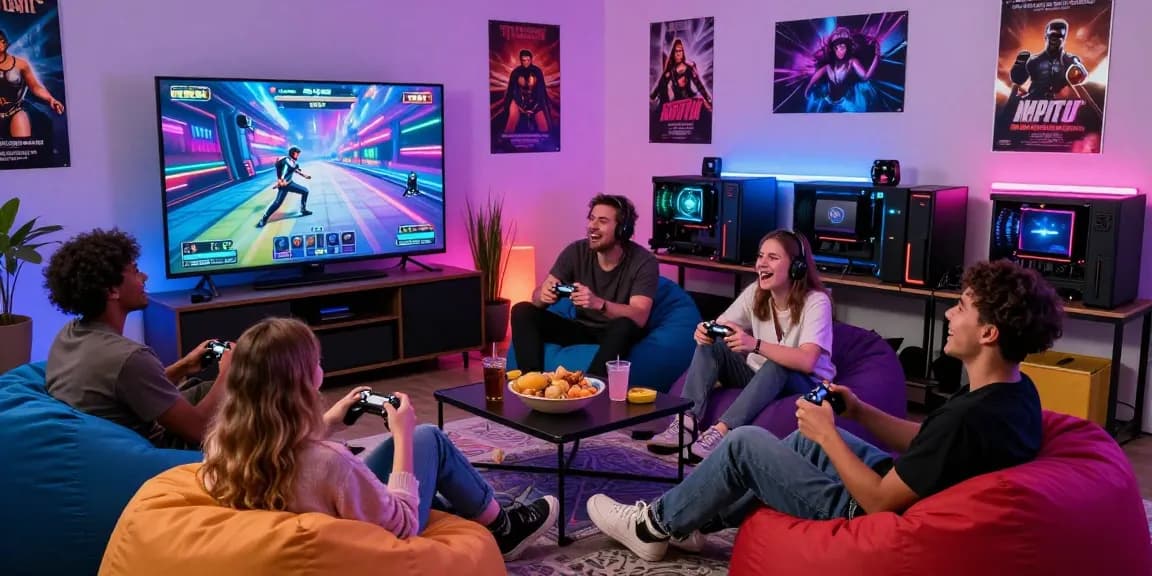 Exciting porn game online session with friends in a colorful gaming space.