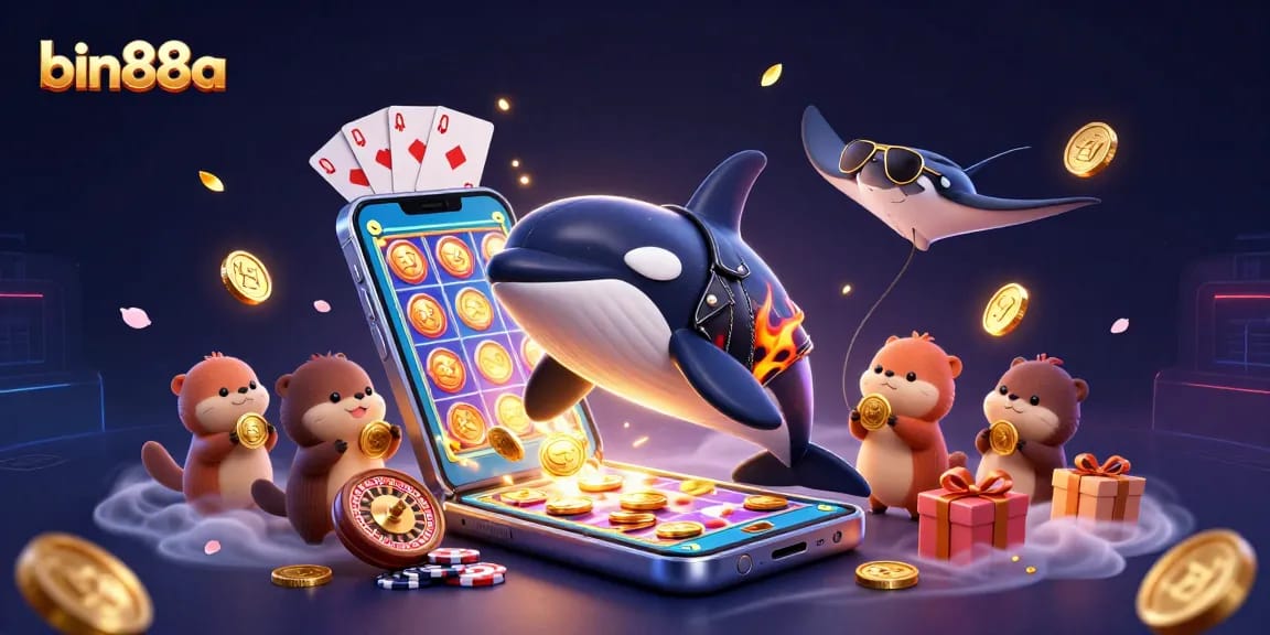 Play exciting games and win big with bin88a while experiencing thrilling aquatic characters in a vibrant casino scene.