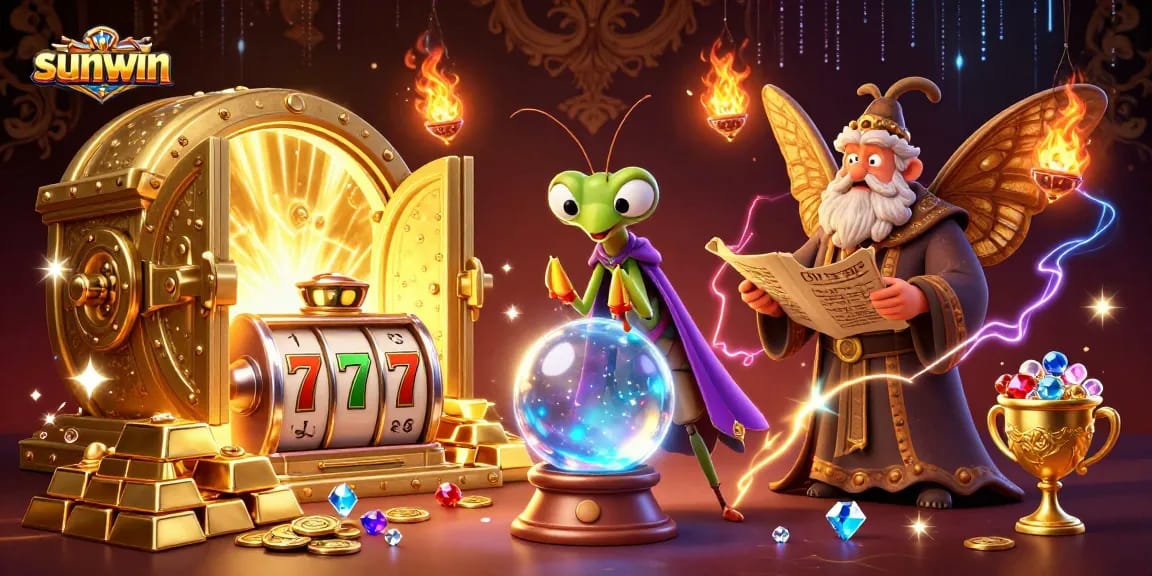 Win big at Sunwin with vibrant casino games and mystical elements in a 3D digital illustration.