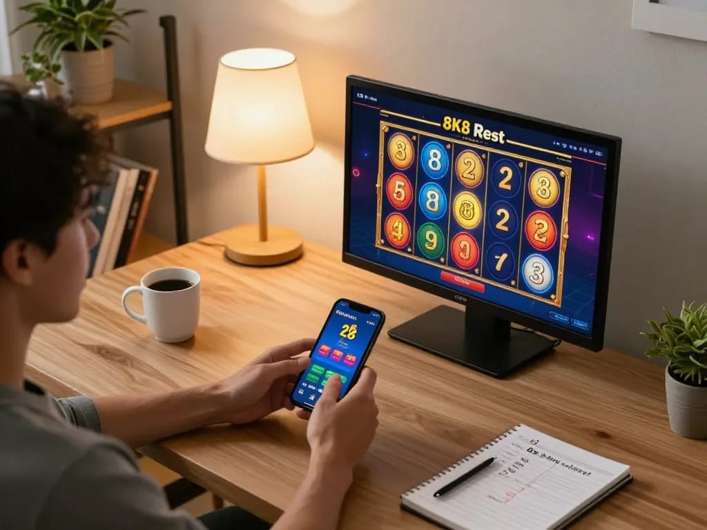 Player engaging with 8K8 Rest mobile app in a cozy home setup, showcasing strategic online casino gameplay.