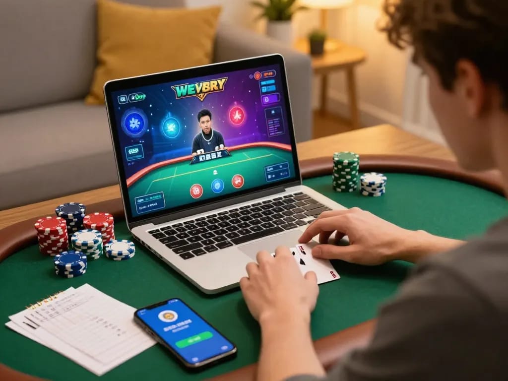 Engaging in online poker at home with go88 app open, capturing a strategic gaming moment.