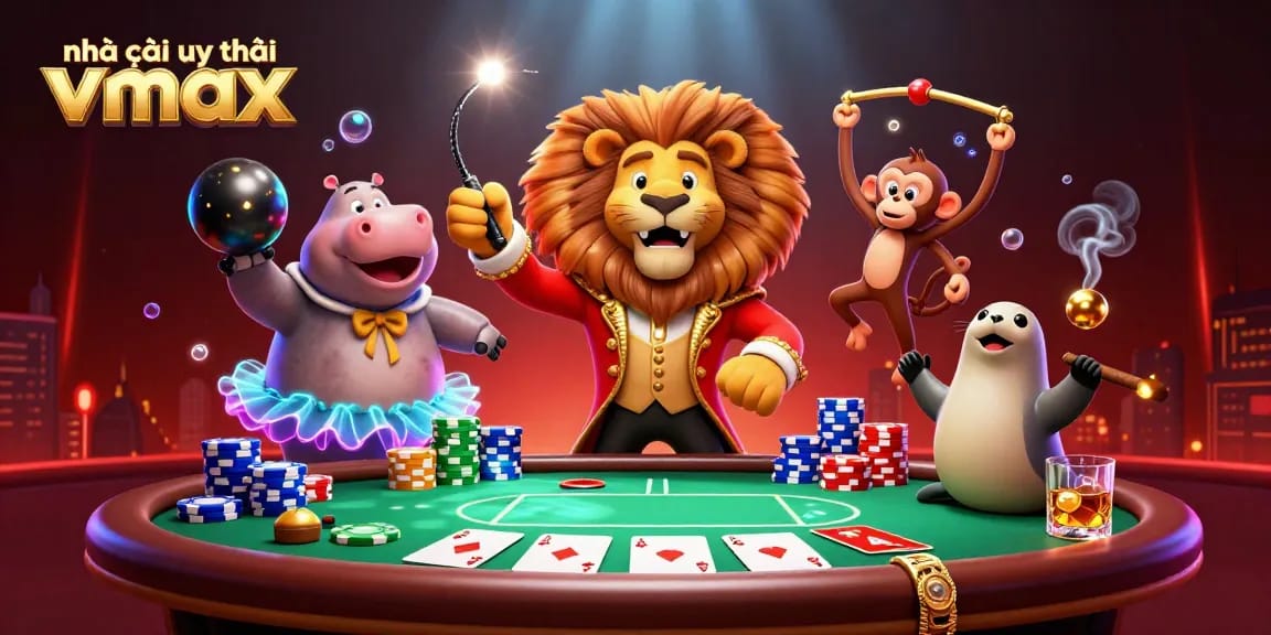 Engaging illustration showcasing nhà cái uy tín Vmax with lively casino characters and vibrant gaming elements.