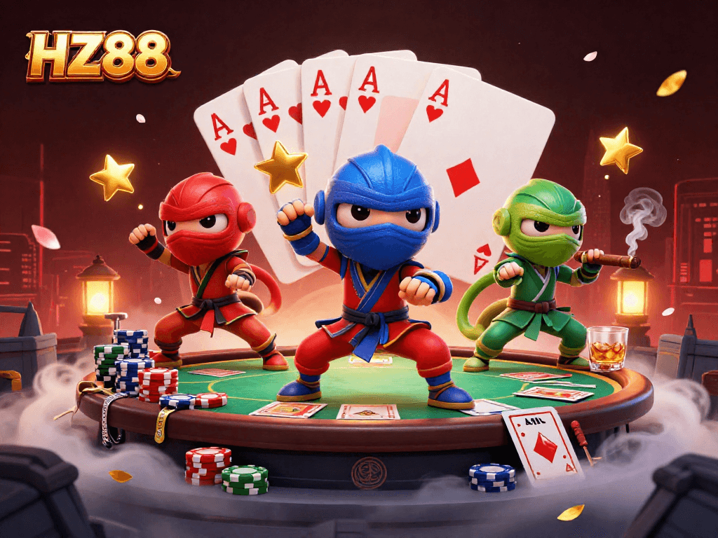 Experience HZ88 with 3D chameleon ninjas in a vibrant casino atmosphere filled with poker action.