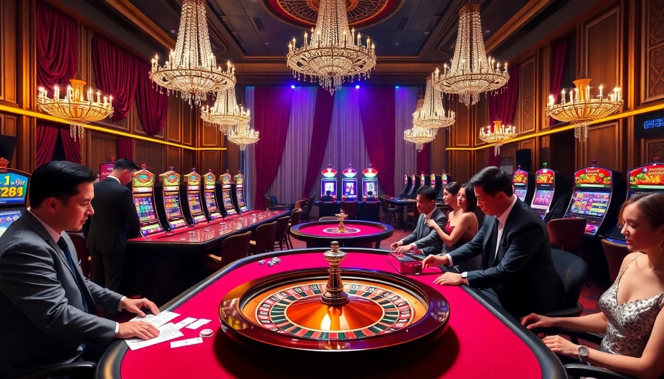 Experience thrilling gaming at QH88's luxurious casino with vibrant poker tables and slot machines.