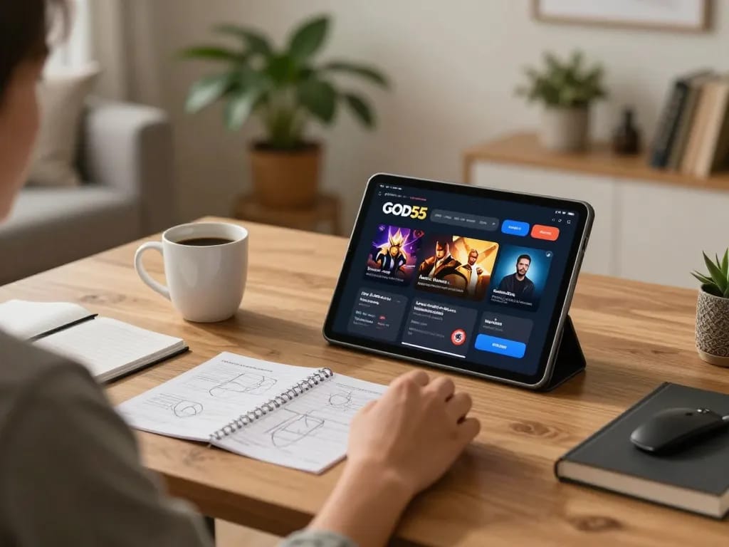 Engaging with the god55 casino app on a tablet in a cozy home setting while enjoying strategic gaming.