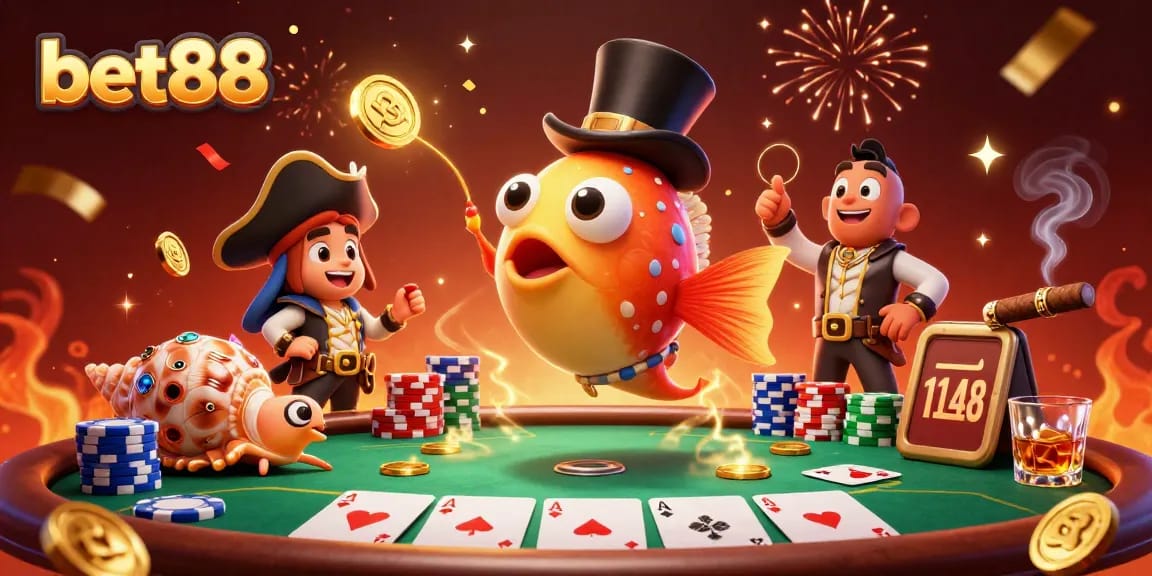 Bet88 glowing coins attracted by an anglerfish in a casino-themed underwater scene, showcasing vibrant colors.