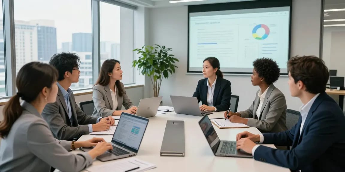 Tim profesional berdiskusi tentang strategi 68gb di ruang konferensi modern.