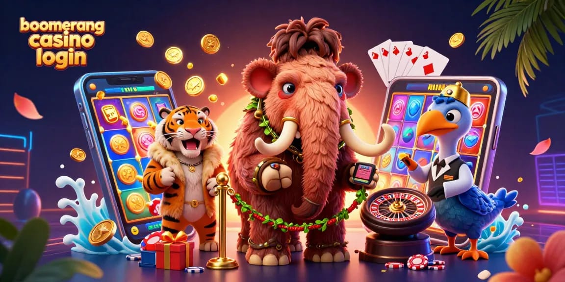 Prijava v boomerang casino login s 3D ilustracijo, kjer mamut preverja identifikacijo.