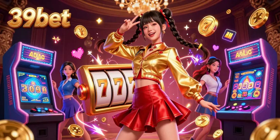 Spin the reels with 39bet in a vibrant casino scene featuring an energetic Asian woman surrounded by colorful slot symbols.