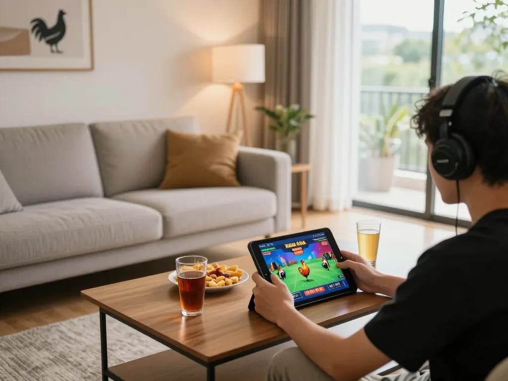 xem đá gà Thomo trực tiếp trên máy tính bảng với không gian chơi game thoải mái tại nhà và hình ảnh đầy màu sắc.