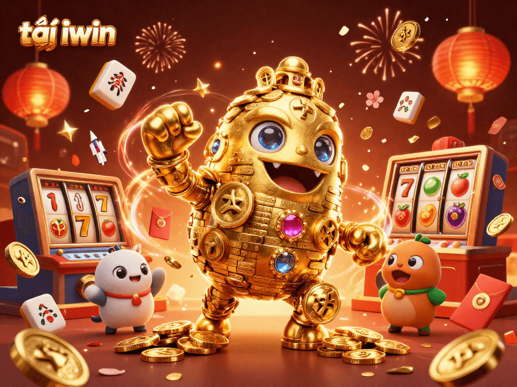 Experience the excitement of tải iwin with a dynamic scene featuring a golden golem and vibrant slot symbols.