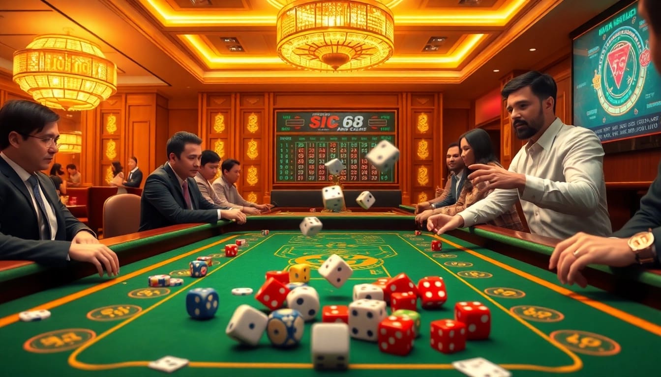 Sicbo 68 game bài in action with players and colorful dice at a vibrant casino table.