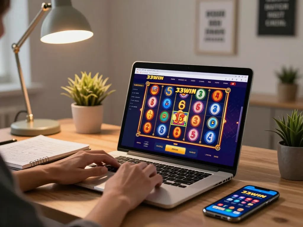 Engaging interaction with 33WIN casino on laptop, showcasing strategic gameplay in a cozy home setting.