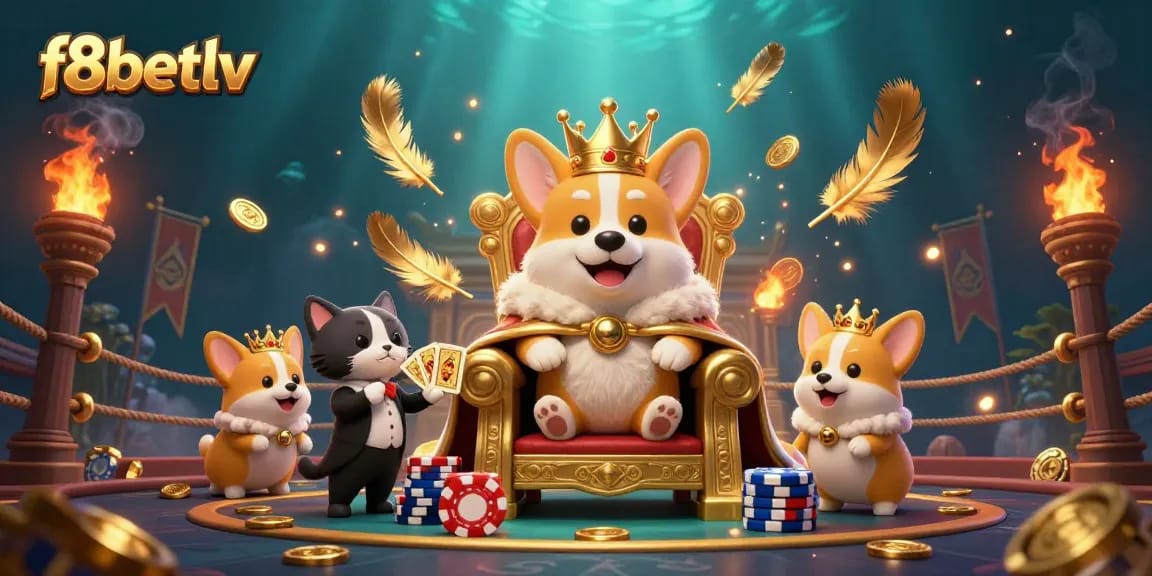 Experience the vibrant gaming world of f8betlv with a 3D illustration featuring royal corgi characters in a dynamic casino setting.