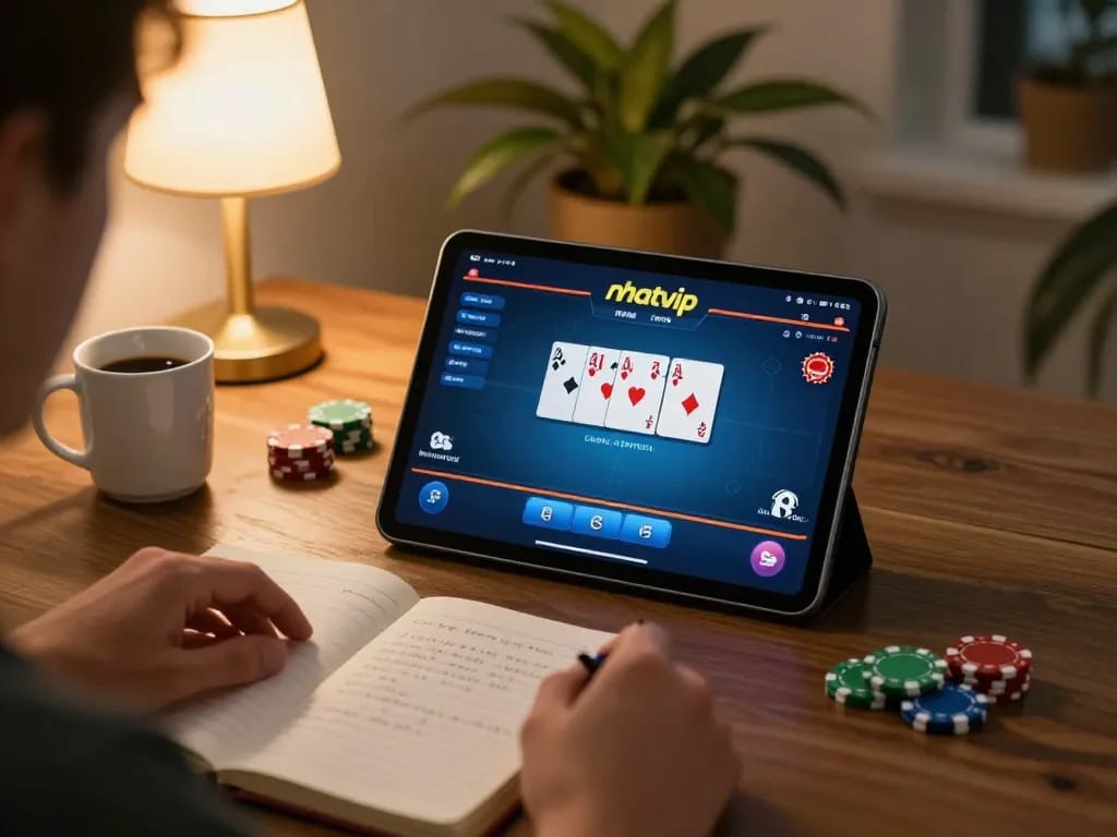 Player strategizing poker wins with nhatvip on a tablet in a cozy home setting.