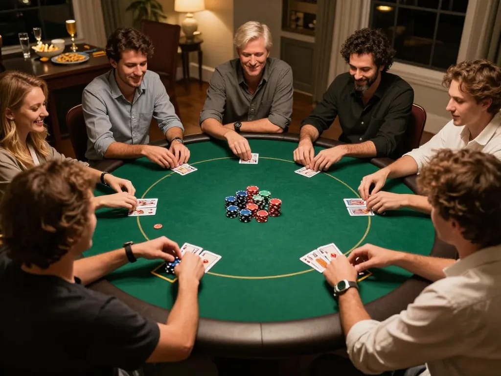 Engaged players at a shbet home poker night, showing competitive atmosphere and strategic gameplay.
