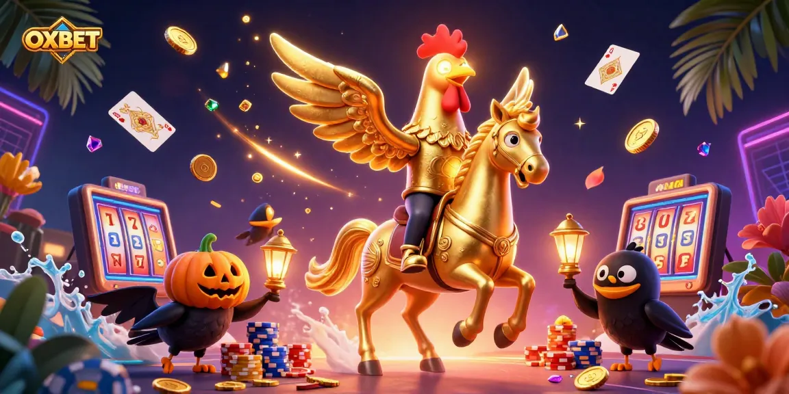 Engage with OXBET in a vibrant casino scene featuring a golden rooster, royal flush cards, and golden coins.
