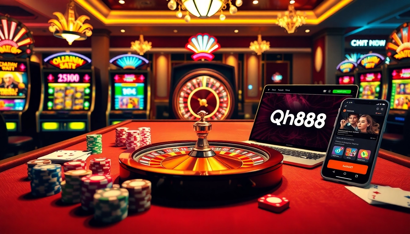Experience the thrill of online gambling at qh88 with vibrant casino elements and luxury.
