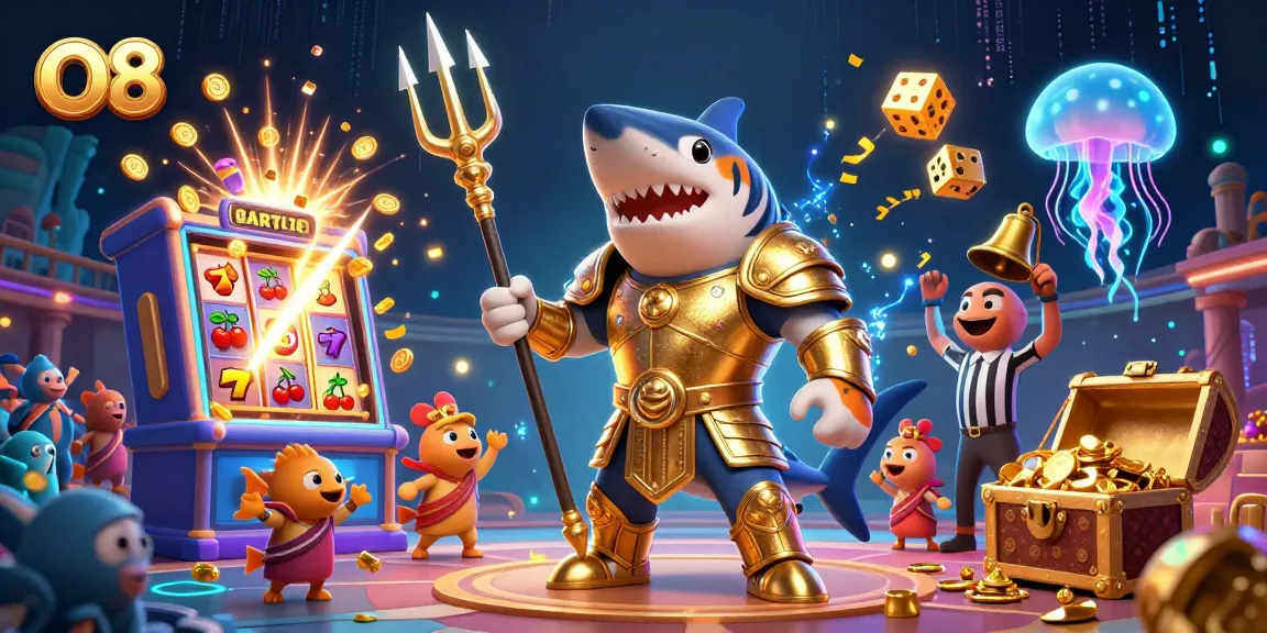 Experience the thrilling world of O8 with a dynamic casino scene featuring a tiger shark in gladiator armor.