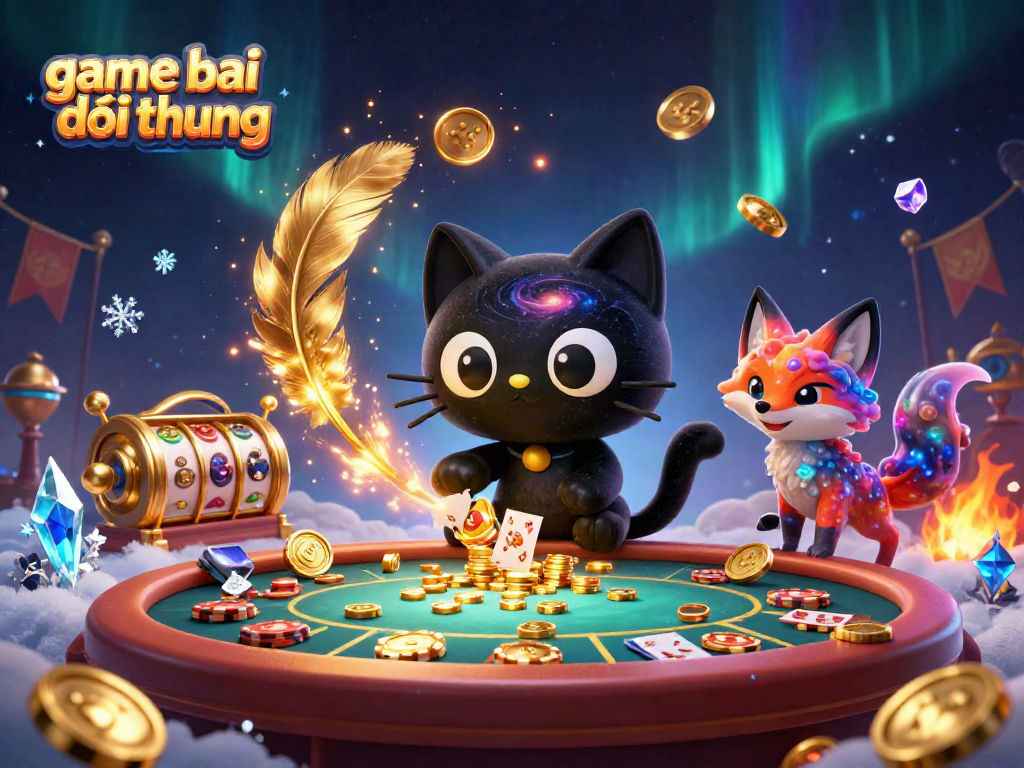 Engaging scene of game bai doi thuong featuring a black hole cat pulling in chips and cards at a cosmic casino table for online gamers.
