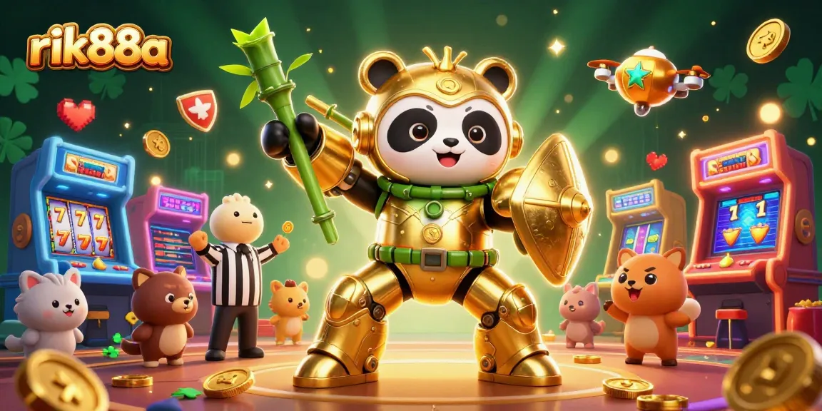 Engage in thrilling gaming at rik88a with a colorful 3D golden panda mech robot in an exciting casino scene.