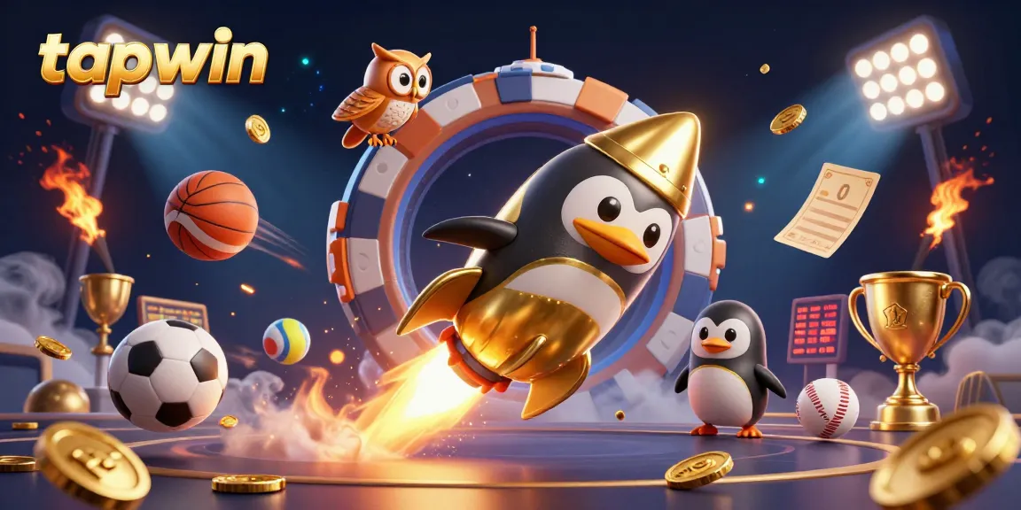 tapwin's explosive gaming adventure featuring a golden penguin rocket and dynamic sports elements.