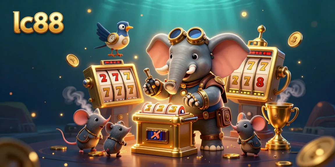 Win big at lc88 with the steampunk elephant operating a golden slot machine amidst a vibrant casino scene.