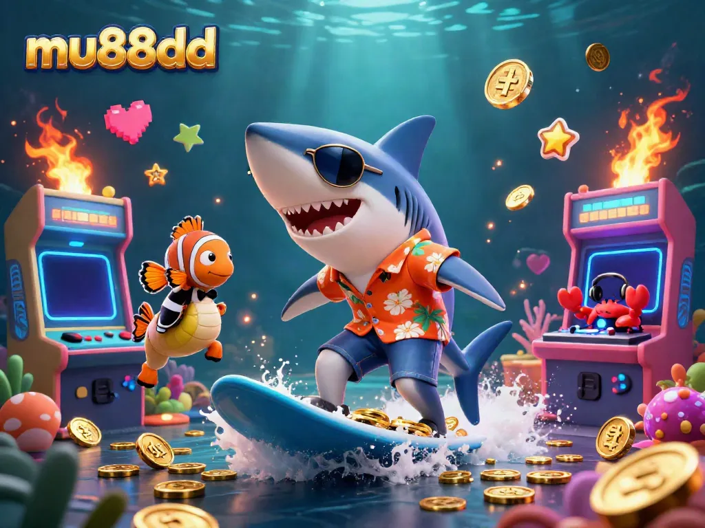 Experience the excitement of mu88dd with a lively 3D scene featuring a shark surfing on coins.
