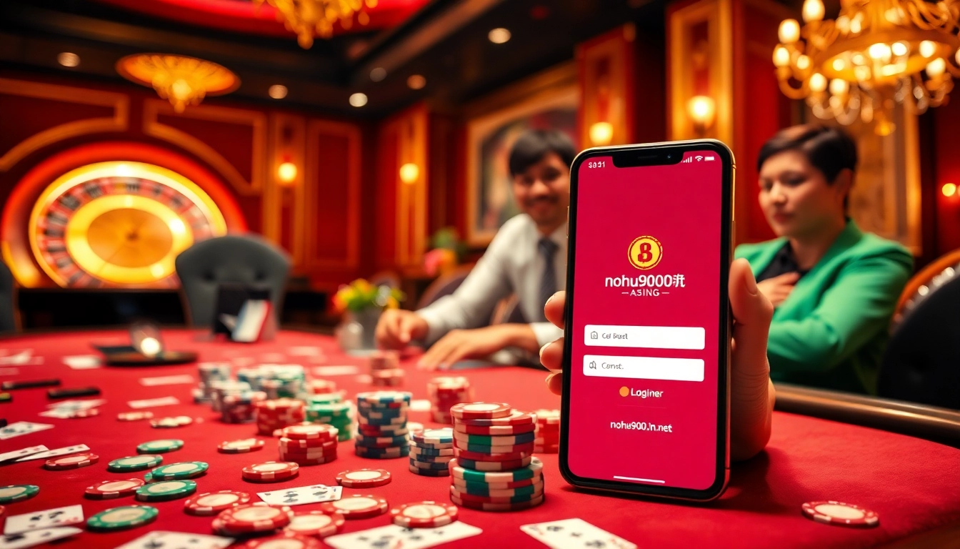 Captivating scene of players enjoying a thrilling game at nohu900.in.net casino, featuring vibrant poker chips and roulette.