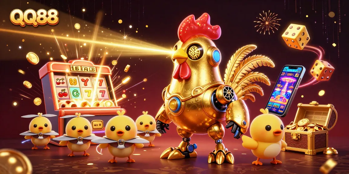 Feel the excitement with QQ88 as the golden rooster robot and baby chick drones celebrate a jackpot