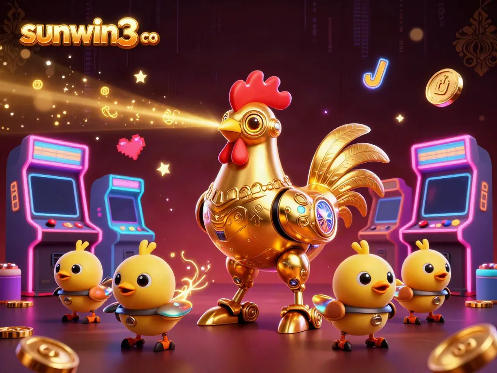 Experience sunwin3 co's vibrant casino scene with a golden rooster robot and gaming elements.