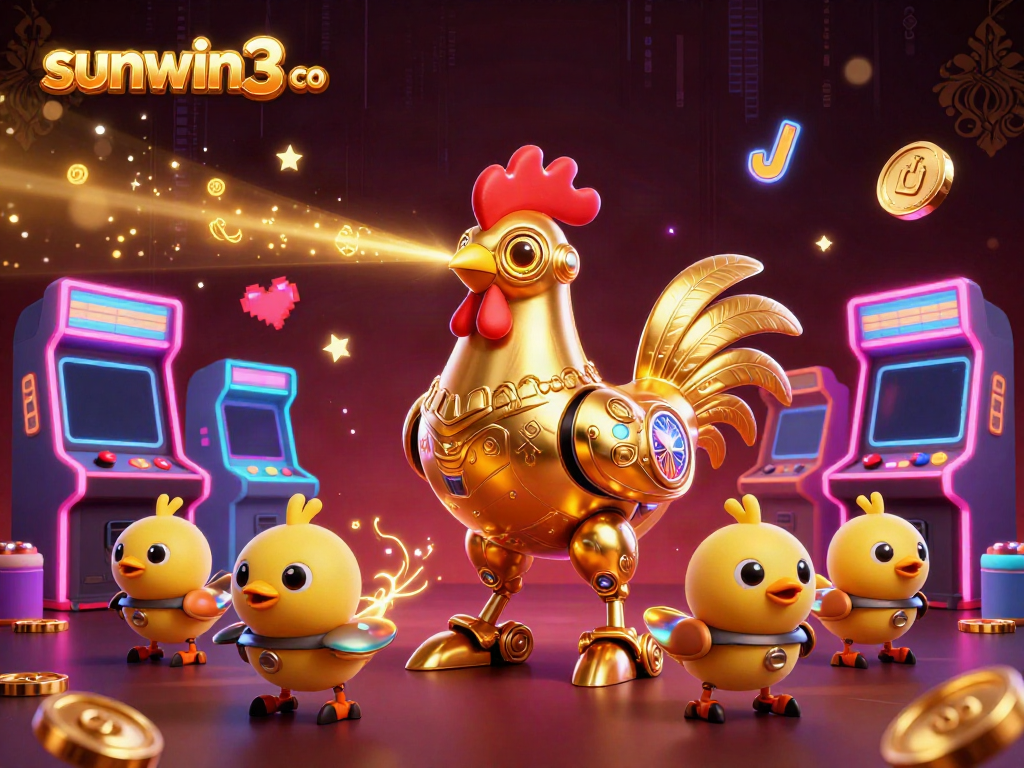 Experience sunwin3 co's vibrant casino scene with a golden rooster robot and gaming elements.