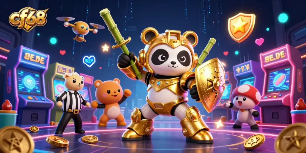 Engage with the thrilling cf68 gaming experience featuring a golden panda in a vibrant, action-packed casino scene.