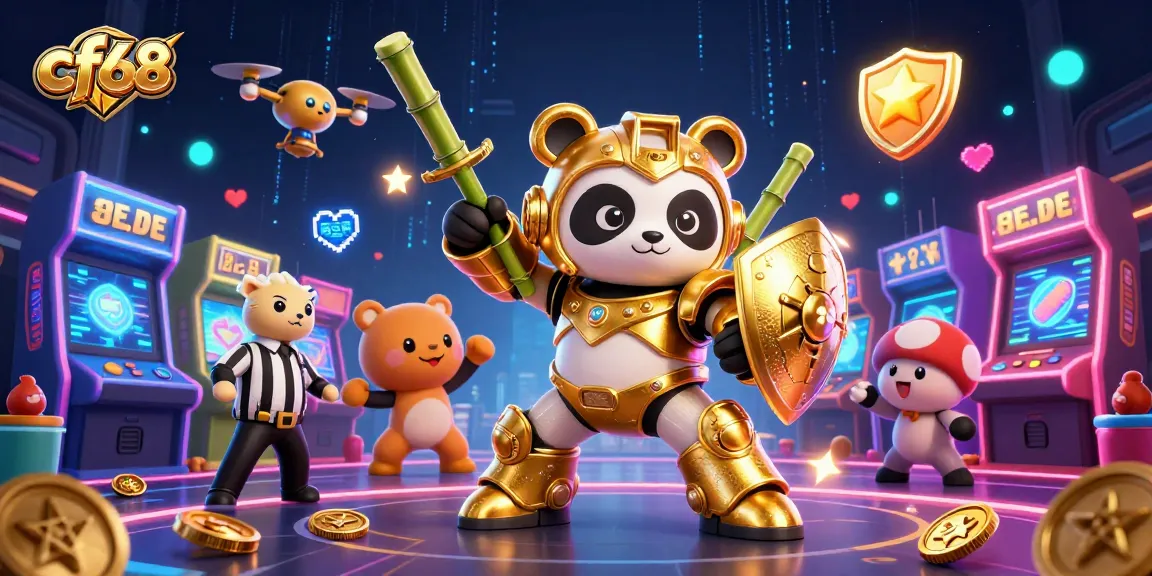 Engage with the thrilling cf68 gaming experience featuring a golden panda in a vibrant, action-packed casino scene.