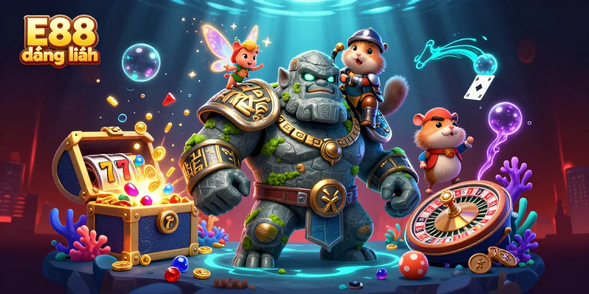 Experience E88 đăng nhập with vibrant gaming elements and interactive characters in a dynamic casino scene.