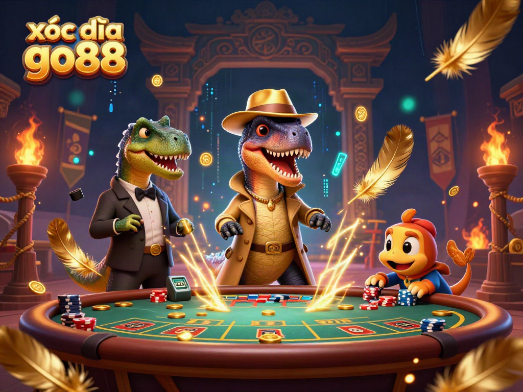 Play xóc đĩa go88 with a dinosaur dealer and fun casino characters in a vibrant 3D scene.